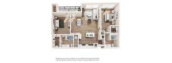 A floor plan of a small apartment with a kitchen, living room, and bathroom.