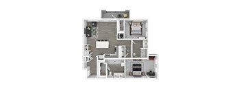 A top-down view of a modern apartment layout with a kitchen, living room, and bedrooms.