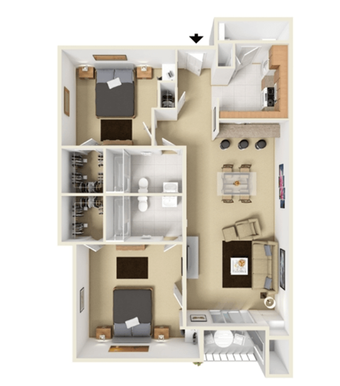 2 bed 2 bath B2 Floor Plan at Highland Luxury Living, Lewisville, 75067