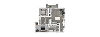 A 3D floor plan of a house with a kitchen, living room, and bedrooms.