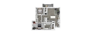 A 3D floor plan of a small apartment with a kitchen, living room, and bedroom.