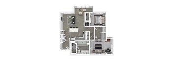 A 3D floor plan of a house with a kitchen, living room, and bedrooms.