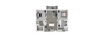 A 3D floor plan of a house with a kitchen, living room, dining room, and bedrooms.