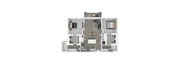 A floor plan of a house with a central open space and rooms surrounding it.