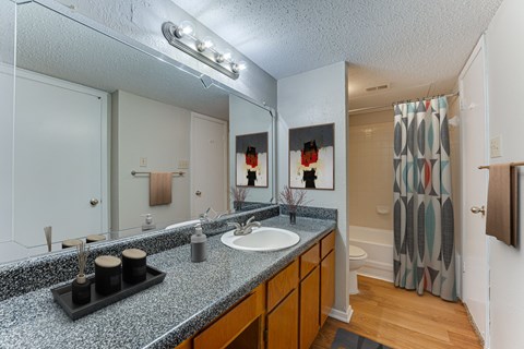 A bathroom with a granite countertop and a large mirror at Bardin Oaks Apartments, Arlington, TX