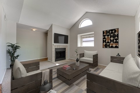 A living room with a fireplace and a television at Bardin Oaks Apartments, Arlington, TX, 76018