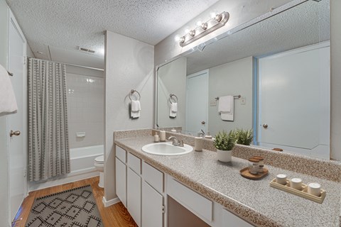 A bathroom with a sink, mirror, and towel rack.