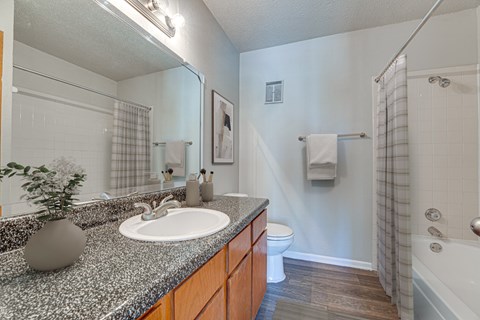 A bathroom with a granite countertop and a white sink.