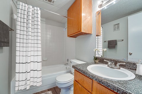 A bathroom with a white toilet, a sink, and a shower curtain.