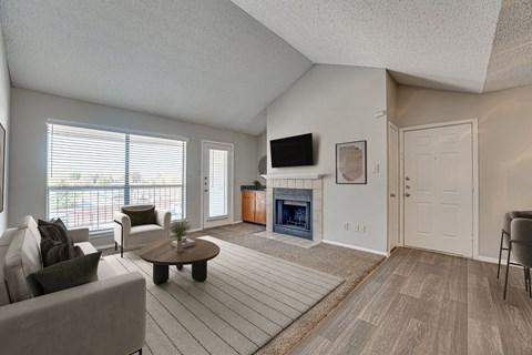 A living room with a fireplace and a television.