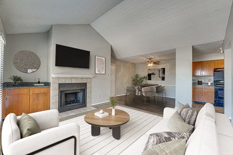 A living room with a fireplace and a television.