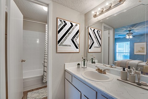 A bathroom with a white sink and a mirror with a light above it.