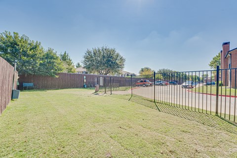 A backyard with a fence and a tree.