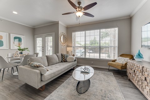 Living Room With Ceiling Fan at The Brazos, Texas, 75287