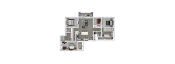A 3D floor plan of a house with multiple rooms and furniture.