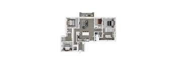 A 3D floor plan of a house with a kitchen, living room, and bedrooms.