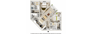 A 3D floor plan of a house with a kitchen, living room, and bathroom.