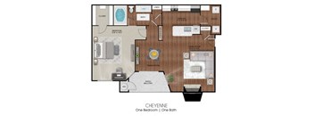Apartment layout of 850 sq ft one bedroom Tucson floor plan at Limestone Ranch Apartments in Lewisville, TX