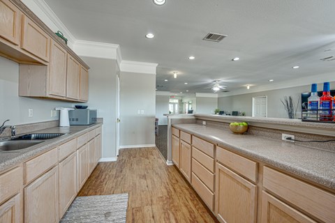 A kitchen with wooden cabinets and a countertop.