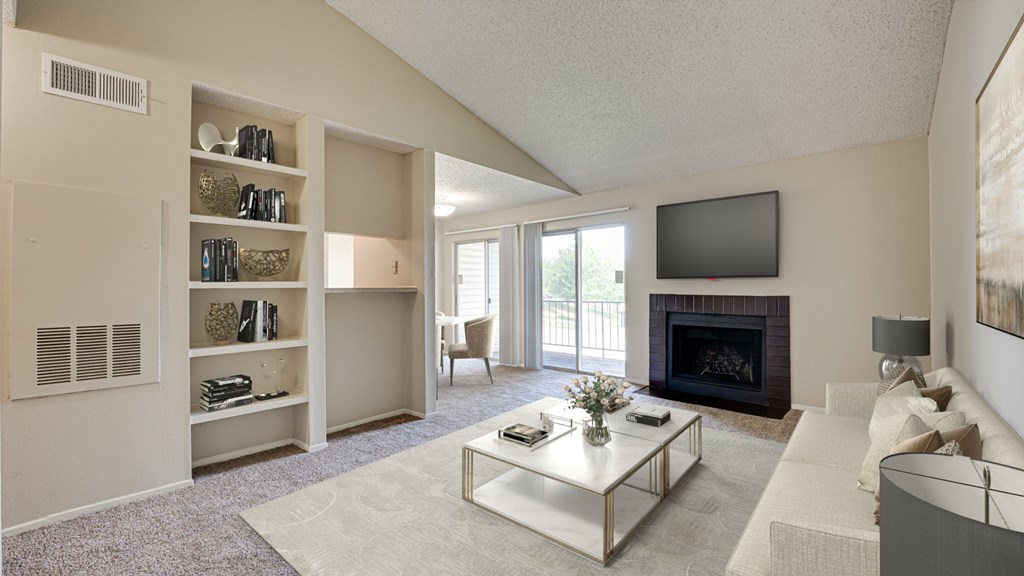 A living room with a fireplace and a television at Copper Hill Apartments, Bedford, TX, 76021