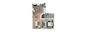 1 bed 1 bath  floor plan of a small apartment with a kitchen, living room, and bathroom.