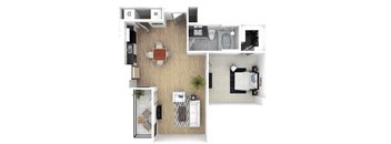 1 bed 1 bath  floor plan of a small apartment with a kitchen, living room, and bathroom.