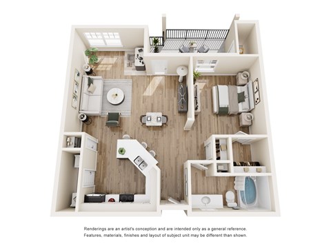 A 3D rendered image of a small apartment layout.