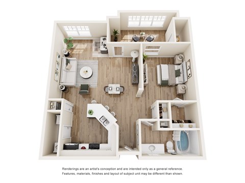 A 3D rendered image of a small apartment layout.