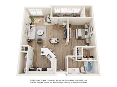 A floor plan of a house with a kitchen, living room, and two bedrooms.