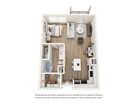 A white and wood floor plan of a small apartment.