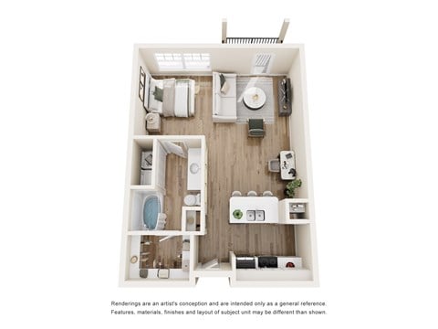 A white floor plan of a small apartment with a kitchen, bathroom, and living room.