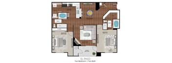 Apartment layout of 1175 sq ft two bedroom El Paso floor plan at Limestone Ranch Apartments in Lewisville, TX