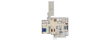 A floor plan of a house with a kitchen, living room, and bathrooms.