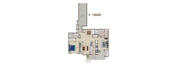 A floor plan of a home with a kitchen, living room, and two bedrooms.