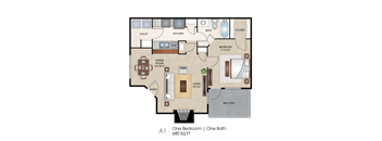 One Bedroom Floor Plan layout at Knox Allen Station, Allen, Texas