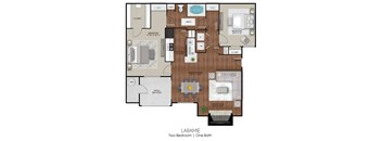 Apartment layout of 975 sq ft two bedroom Laramie floor plan at Limestone Ranch Apartments in Lewisville, TX