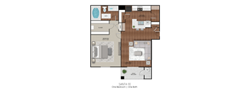 Apartment layout of 625 sq ft one bedroom Santa Fe floor plan at Limestone Ranch Apartments in Lewisville, TX