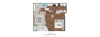Apartment layout of 700 sq ft one bedroom Tucson floor plan at Limestone Ranch Apartments in Lewisville, TX
