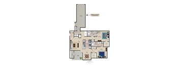 A floor plan of a two bedroom apartment with a garage.