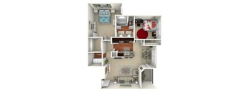 2 Bed 1 Bath 938 Sq. Ft. Floor Plan at The Brazos, Dallas, 75287