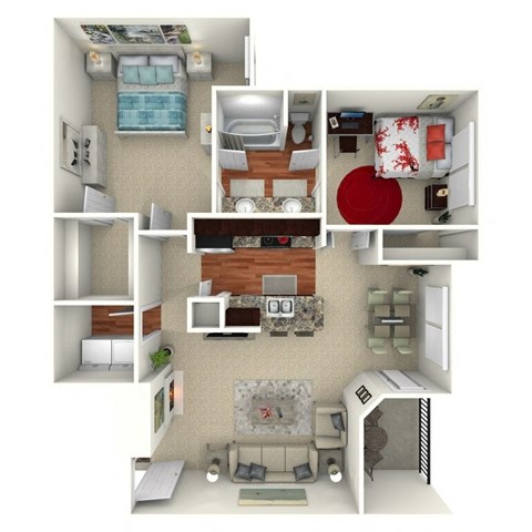 2 Bed 1 Bath 938 Sq. Ft. Floor Plan at The Brazos, Dallas, 75287