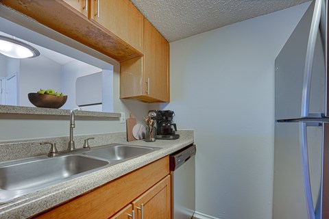 A kitchen with a sink and a refrigerator.