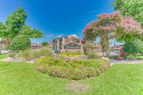 A well-maintained garden in front of a building with a sign that reads "Terrace".