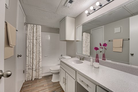 A white bathroom with a toilet, sink, and shower.