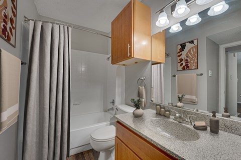 A bathroom with a white toilet, a grey shower curtain, a wooden cabinet, a marble countertop, and a mirror.