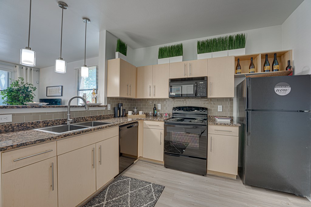 Kitchen With Black Appliances at Vue Live Oak, Texas, 75204