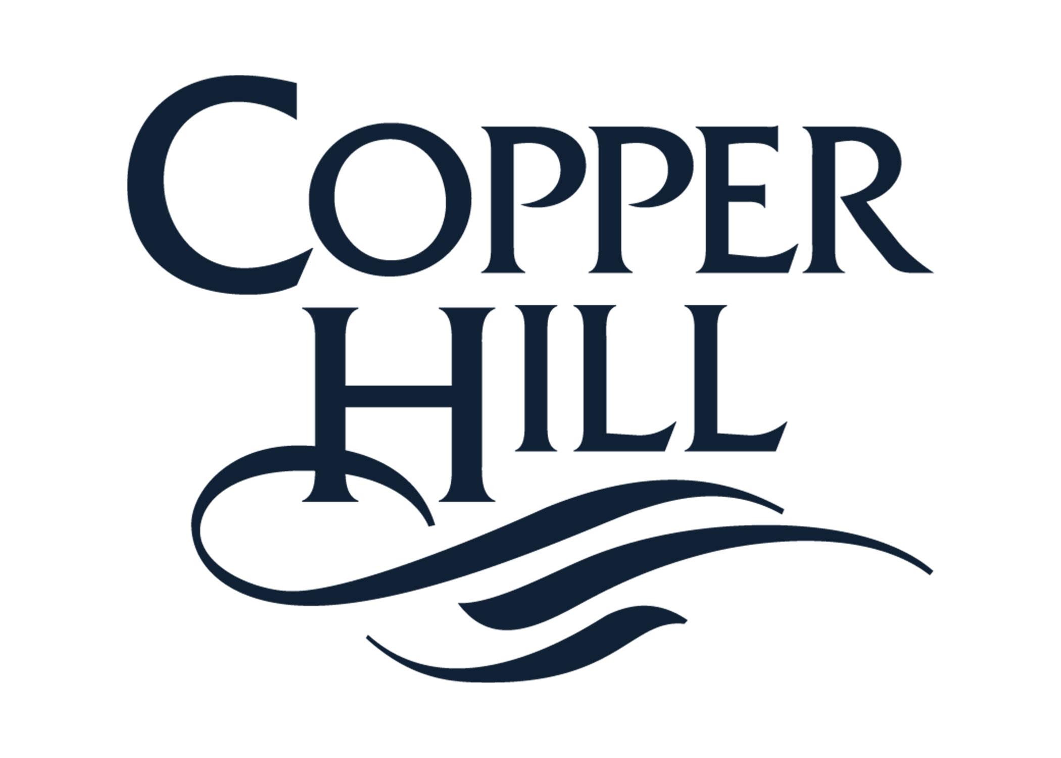 A logo with the words "Copper Hill" in dark blue with a graphic of a copper hill.