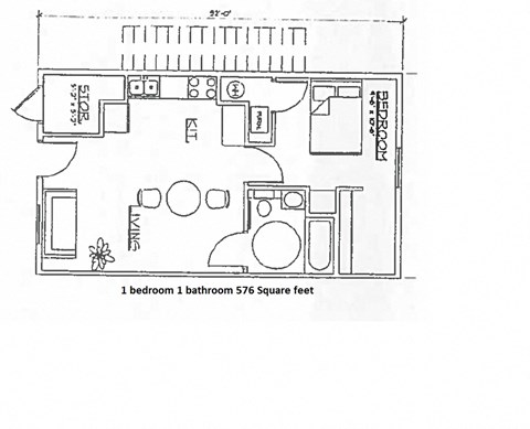 A floor plan of a small apartment with one bedroom and one bathroom.