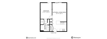 A floor plan for an apartment with a bedroom, living room, kitchen, bathroom, and laundry.