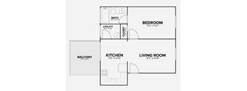 A floor plan of a small apartment with a bedroom, living room, kitchen, and bathroom.